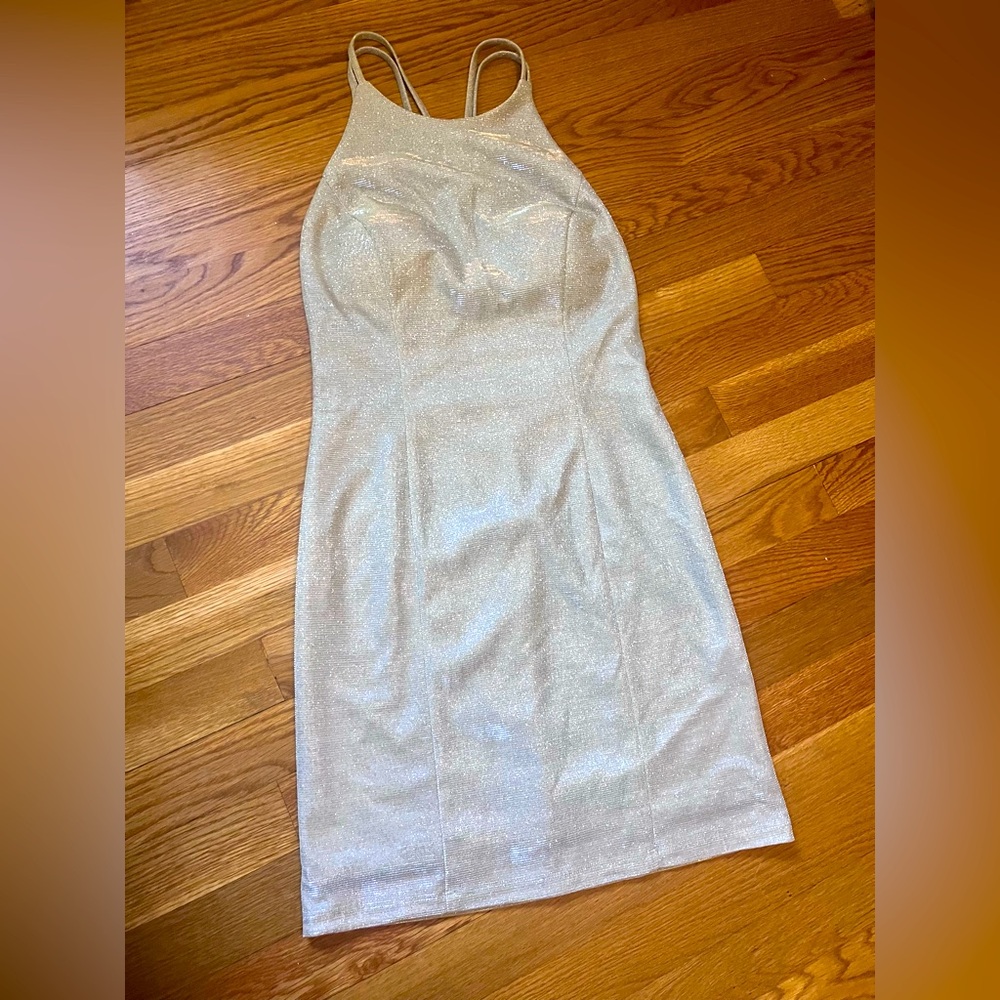 Silver Halter Dress with Crisscross Back